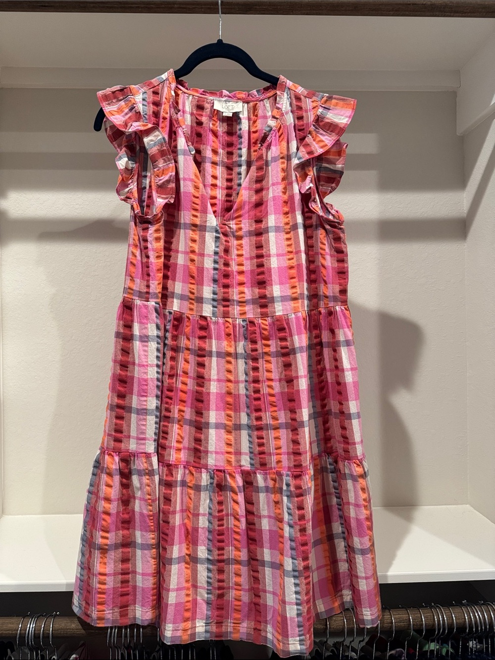 Loft Pink Plaid Ruffle Sleeve Tiered Dress